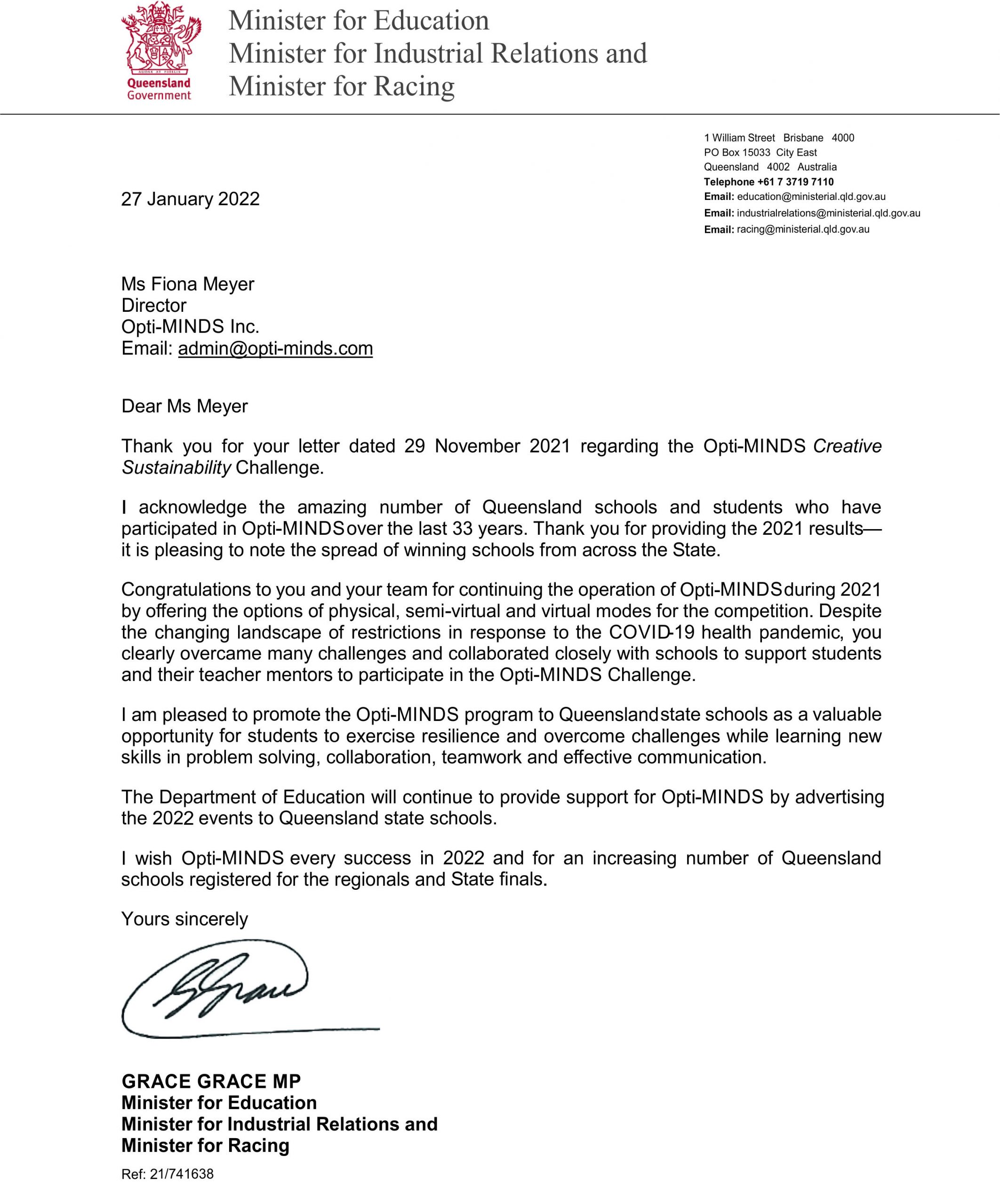 SIGNED VERSION Minister Grace response to Ms Fiona Meyer