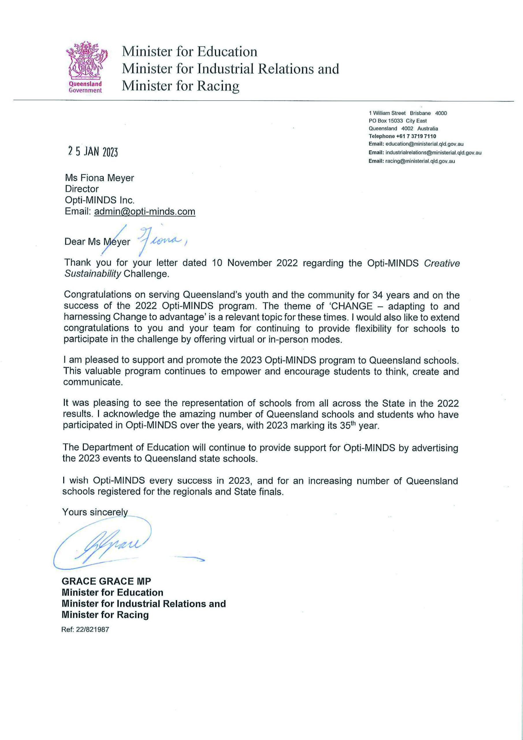Minister's letter 2023